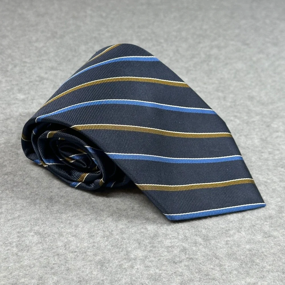 Brooks Basics USA Silk Vintage Tie‎ Navy Blue Gold Stripe Classic Preppy